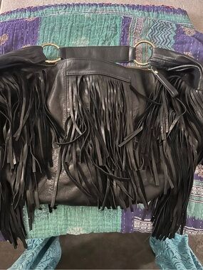 Peter Alexander Black Fringe Shoulder Bag with Gold Hardware